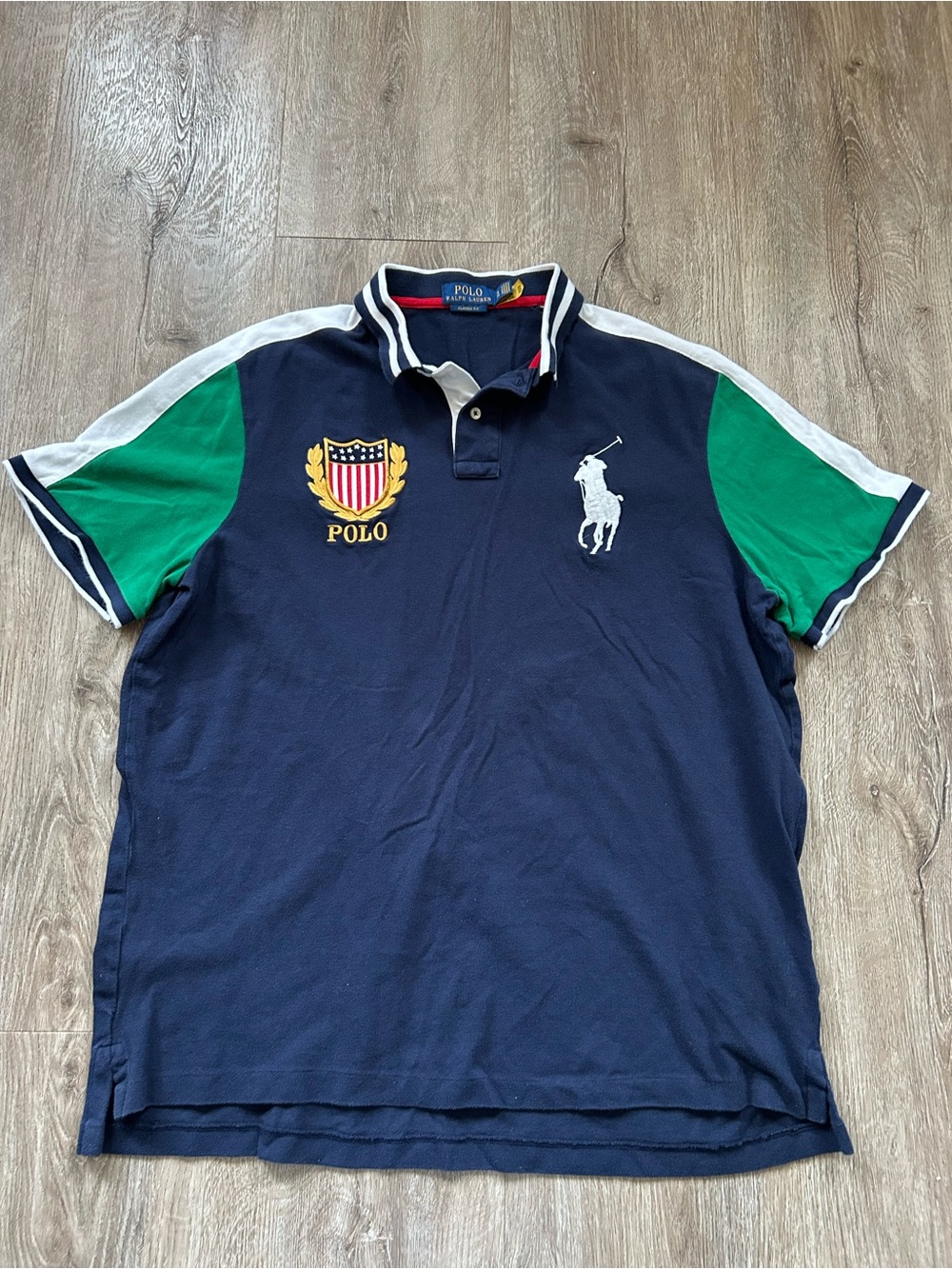 Ralph Lauren Navy Polo with Green Sleeves and White Pony